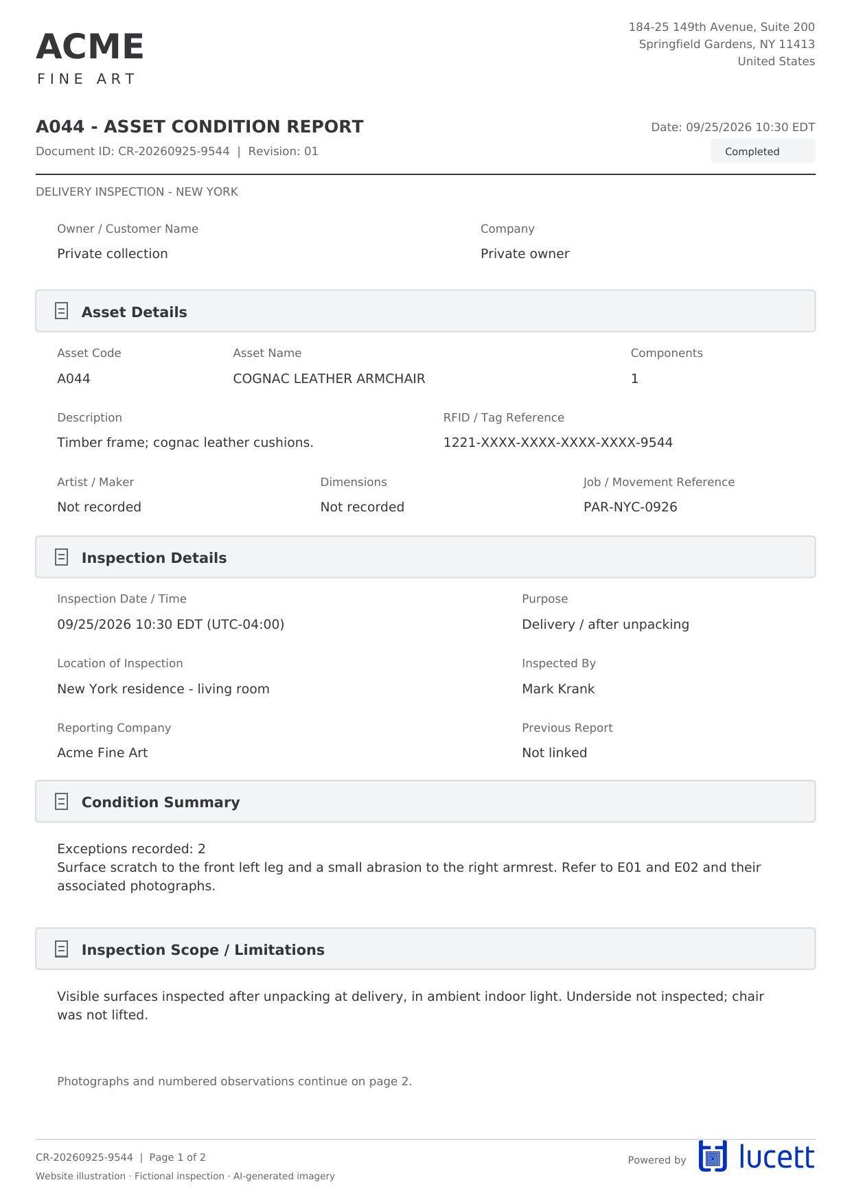 Condition report page 1: asset, inspection details and condition summary